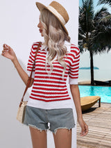 Striped Hollow Lapel Short-sleeved Shirt