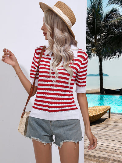 Striped Hollow Lapel Short-sleeved Shirt