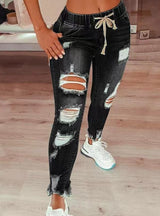 High Waist Ripped Elastic Waist Drawstring Jeans