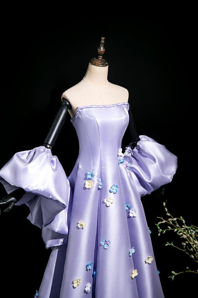 Purple Satin Strapless 3D Flower Prom Dress