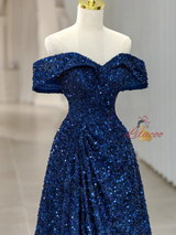 Blue Sequins Off the Shoulder Pleats Prom Dress