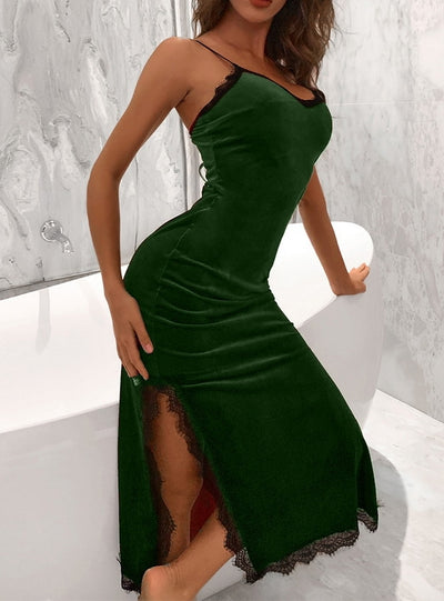 Sexy Deep V Suspender Velvet Lace Pajamas