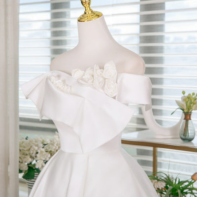 White Satin 3D Flower Wedding Dress