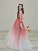 Burgundy Tulle Sequins Beading Long Sleeve Prom Dress