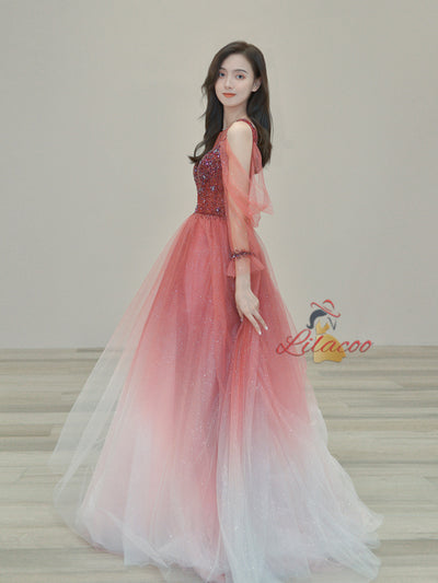 Burgundy Tulle Sequins Beading Long Sleeve Prom Dress