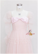 Pink Tulle Long Sleeve Pleats Pearls Prom Dress