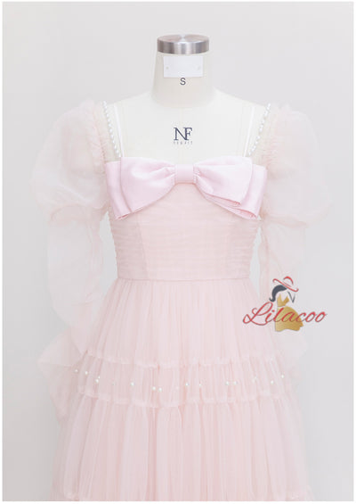 Pink Tulle Long Sleeve Pleats Pearls Prom Dress