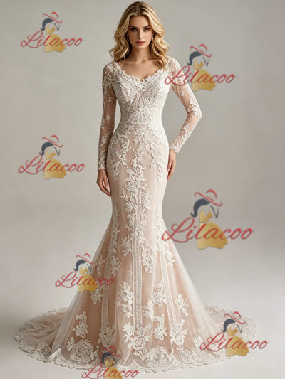 Champagne Mermaid Lace Long Sleeve Wedding Dress