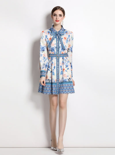 Printed Retro Lapel Lantern Sleeve Dress