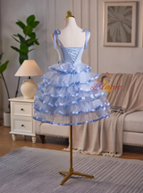 Blue Tulle Straps Bow Homecoming Dress
