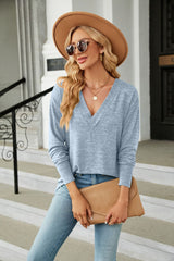 Solid Color V-neck Loose Casual Long Sleeve T-shirt
