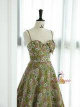 Green Print Spaghetti Straps Prom Dress