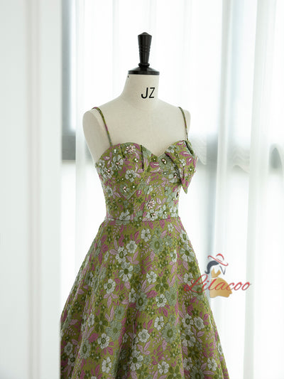 Green Print Spaghetti Straps Prom Dress