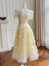 Yellow Short Sleeve Flower Prom Dress