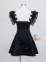 Black Straps Pearls Short Prom Dress