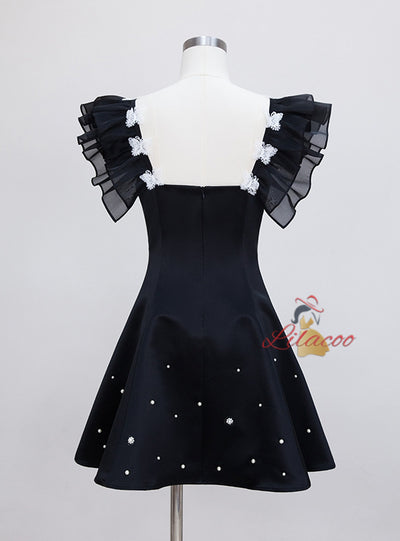 Black Straps Pearls Short Prom Dress