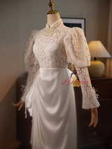 White Lace Satin Long Sleeve Wedding Dress