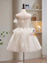 Ivory Tulle Sequins Pleats Bow Homecoming Dress
