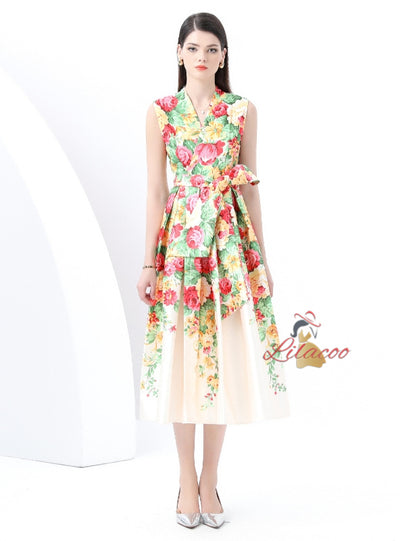 V-neck Sleeveless Long Retro Print Dress