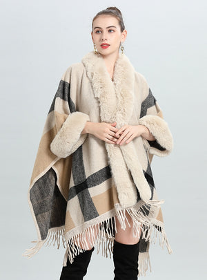 Striped Loose Tassels Knit Cardigan Shawl Cloak