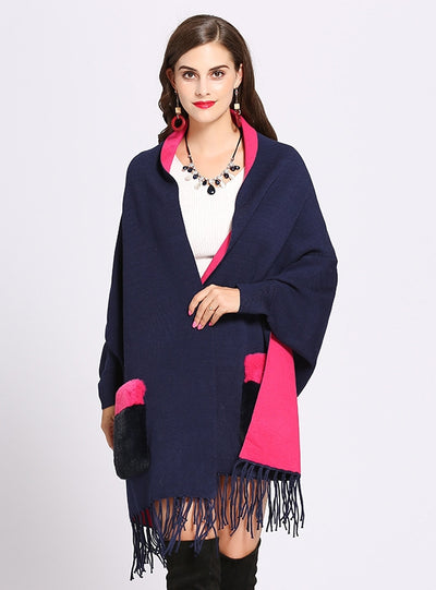 Bat sleeve Double-sided Pocket Fringed Shawl Cloak