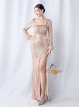 Long Sleeve Mermaid Sequins Split Prom Dress
