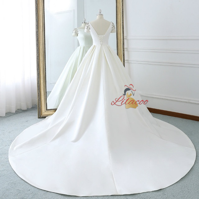 White Short Sleeve Satin Backless Wedding Dress