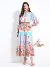 Palace Style Retro Flower Print Long Sleeves Dress