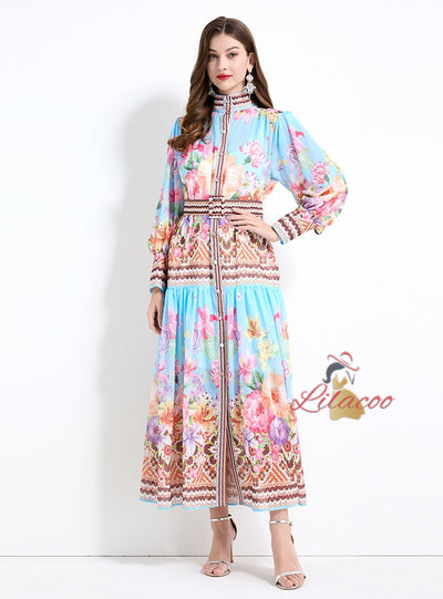 Palace Style Retro Flower Print Long Sleeves Dress