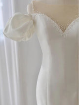 White Satin Puff Sleeve Beading Wedding Dress