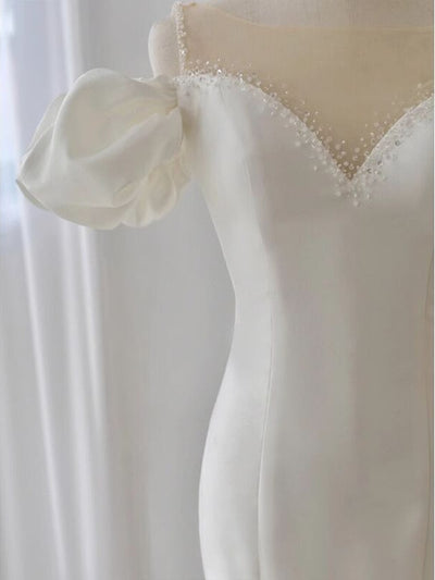 White Satin Puff Sleeve Beading Wedding Dress