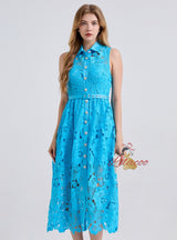 Sleeveless Long Lace Lapels Buttons Dress