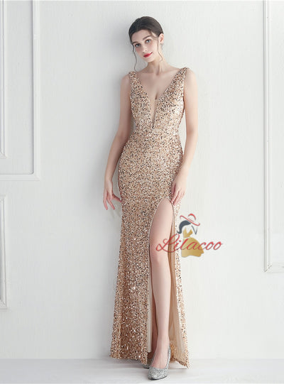 V-neck Sequins Split Prom Dress