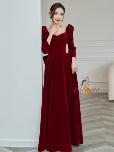Burgundy Velvet Long Sleeve Bow Prom Dress