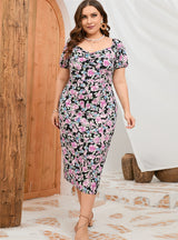 Plus Size Bubble Sleeve Printed Dress