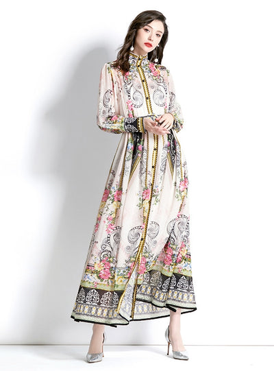 Retro Long Sleeve Print Long Dress