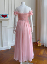 Pink Chiffon Off the Shoulder Pleats Prom Dress