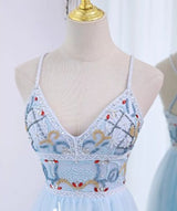 Light Blue Tulle Straps Beading Prom Dress