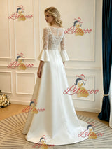 Ivory Satin Short Sleeve Lace Appliques Wedding Dress