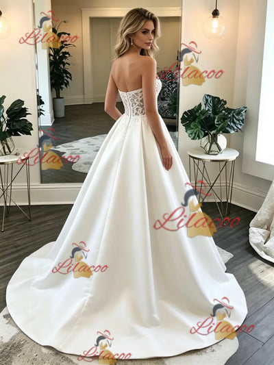 White Satin Strapless Lace Wedding Dress