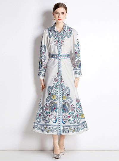 Printed Long-sleeved High-waist Slim Dress