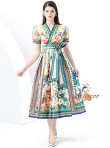 Short-sleeved Wide Swing Print Long Dress