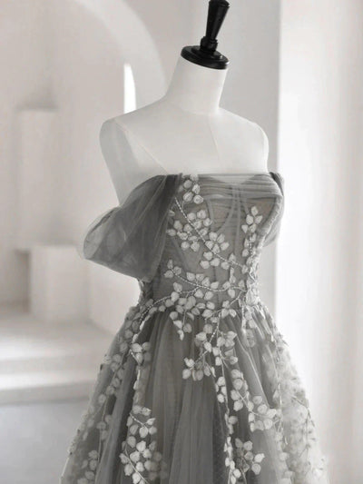 Gray Tulle Off the Shoulder Appliques Prom Dress