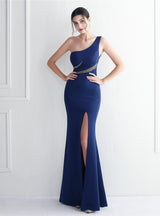One Shoulder Beading Split Prom Dress
