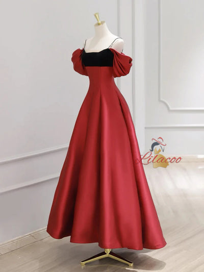 Red Satin Spaghetti Straps Prom Dress