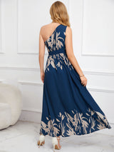 Oblique Shoulder Printed Split Swing Dress