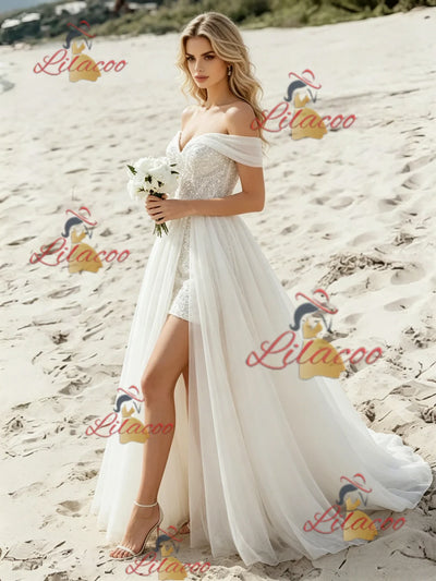 White Chiffon Lace Off the Shoulder Wedding Dress