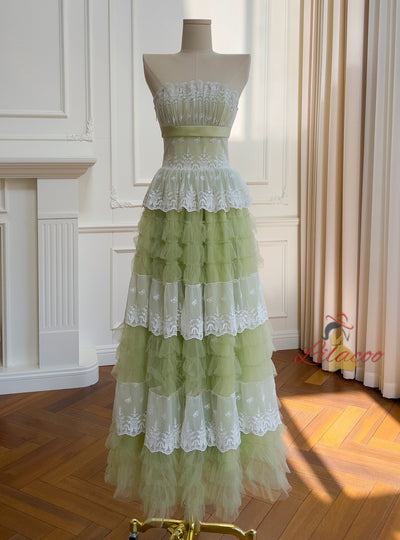 Green Tulle Lace Straps Tiers Prom Dress
