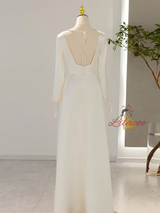 White Satin V-neck Long Sleeve Wedding Dress