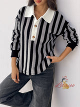 Vertical Striped Lapel Knitted Pullover Sweater